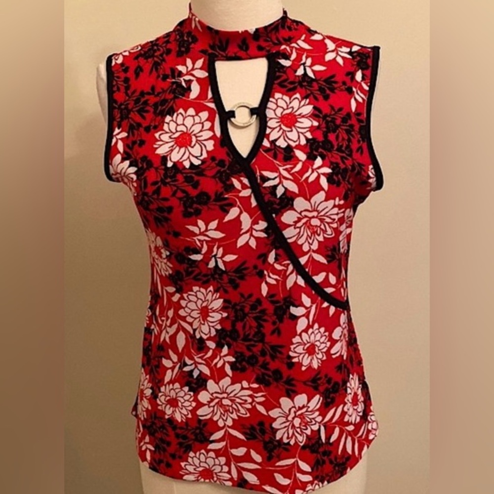 Adrienne Vittadina Black Red White Floral High Neck Sleeveless Career Top Size S